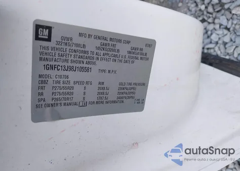 2008 Chevrolet Tahoe Ltz z USA, uszkodzony, nr VIN 1GNFC13J98J105581